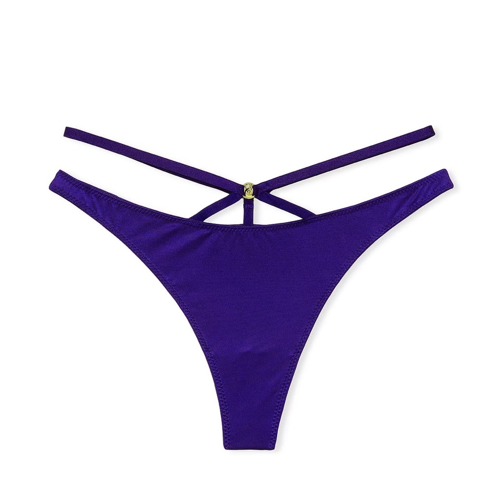 4WI NWT Victoria’s Secret Very Sexy Satin Straps Gold Logo Purple Thong Panties